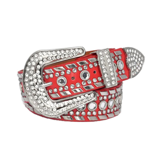 Diamond Rhinestones and Silver Studs with Red Strap Rhinestone Belt-Belts-The Rhinestone Belts
