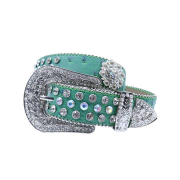 Engraved Buckle Flower Green Strap with Multi and Crystal Studs Rhinestone Belt-Belts-The Rhinestone Belts