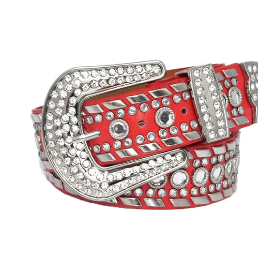 Diamond Rhinestones and Silver Studs with Red Strap Rhinestone Belt-Belts-The Rhinestone Belts