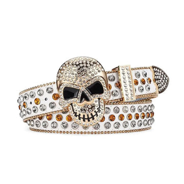 Skull Buckle White Strap with Crystal and Gold Studs Rhinestone Belt-Belts-The Rhinestone Belts