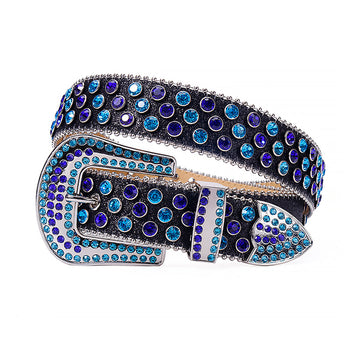 Blue and Purple Studs with Shiny Black Strap Rhinestone Belt-Belts-The Rhinestone Belts