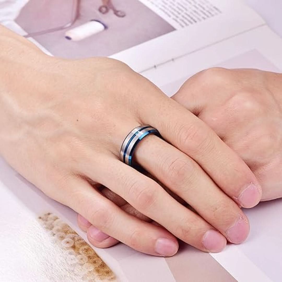 8mm Black Tungsten Carbide Ring with Blue Line-Tungsten Ring-The Rhinestone Belts