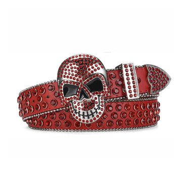 Skull Buckle Red Strap with Red Studs Rhinestone Belt-Belts-The Rhinestone Belts