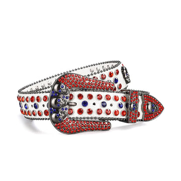 Skull Buckle White Strap with Red and Blue Studs Rhinestone Belt-Belts-The Rhinestone Belts