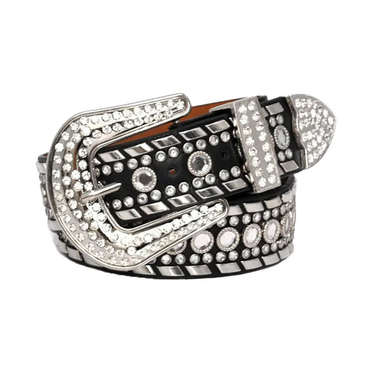 Diamond Rhinestones and Silver Studs with Black Strap Rhinestone Belt-Belts-The Rhinestone Belts