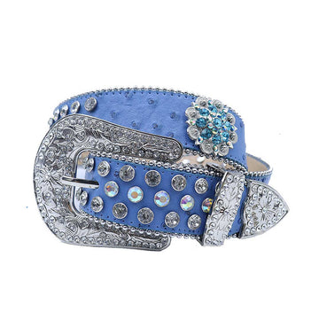 Engraved Buckle Flower Blue Strap with Multi and Crystal Studs Rhinestone Belt-Belts-The Rhinestone Belts