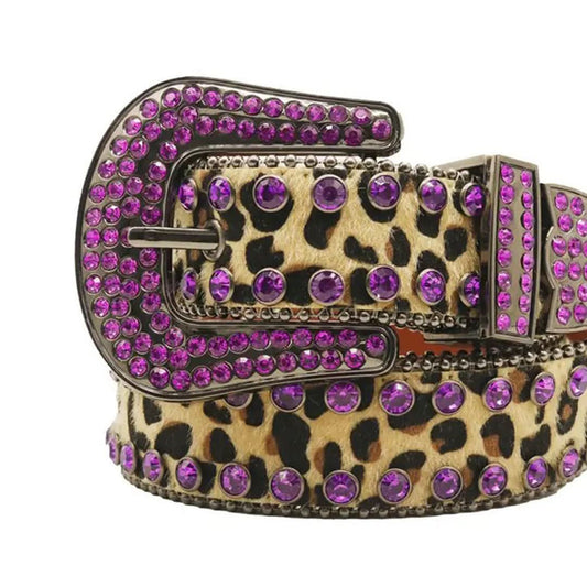 Purple Rhinestones with Cheetah Strap Rhinestone Belt-Belts-The Rhinestone Belts