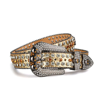 Skull Buckle Gold Strap with Gold and Crystal Studs Rhinestone Belt-Belts-The Rhinestone Belts