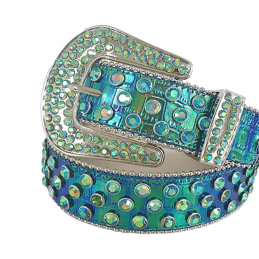 Green Chromatic Multi-Color Rhinestones with Green Chromatic Strap Rhinestone Belt-Belts-The Rhinestone Belts
