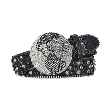 Globe Buckle with Black and Crystal Studs Rhinestone Belt-Belts-The Rhinestone Belts
