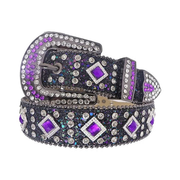 Purple Sapphire Rhinestones with Black Glitter Strap Rhinestone Belt-Belts-The Rhinestone Belts