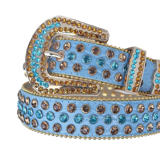 Blue and Gold Rhinestones with Blue Textured Strap Rhinestone Belt-Belts-The Rhinestone Belts