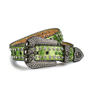 Skull Buckle Shiny Green Strap with Green and Crystal Studs Rhinestone Belt-Belts-The Rhinestone Belts