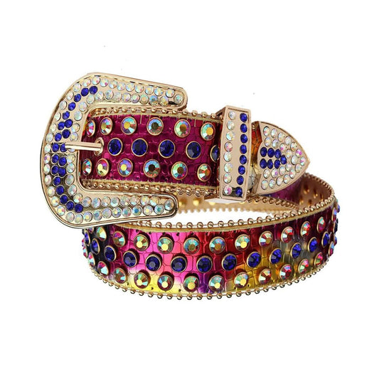 Blue and Chromatic Rhinestones with Red Chromatic Strap Rhinestone Belt-Belts-The Rhinestone Belts
