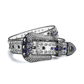 Skull Buckle Shiny Silver Strap with Blue and Crystal Studs Rhinestone Belt-Belts-The Rhinestone Belts