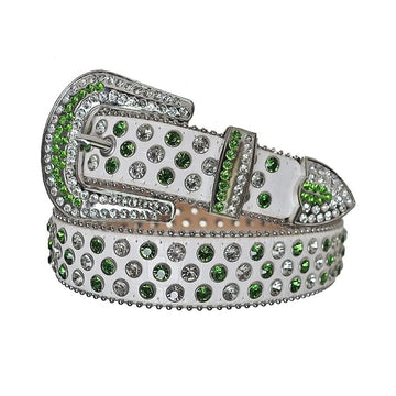 Green and Diamond Rhinestones with White Textured Strap Rhinestone Belt-Belts-The Rhinestone Belts