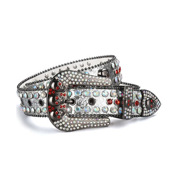 Skull Buckle Shiny Silver Strap with Multi and Red Studs Rhinestone Belt-Belts-The Rhinestone Belts