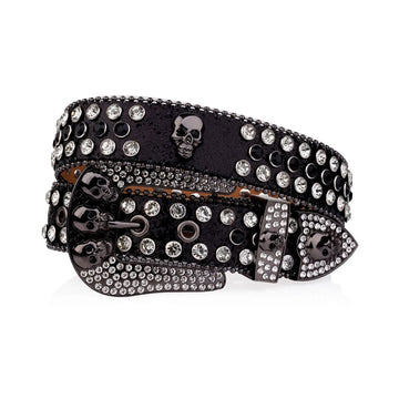Skull Buckle Black Strap with Black and Crystal Studs Rhinestone Belt-Belts-The Rhinestone Belts