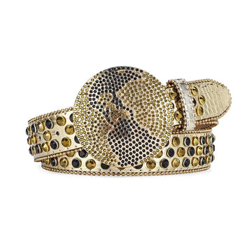 Globe Buckle with Gold and Black Studs Rhinestone Belt-Belts-The Rhinestone Belts