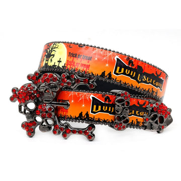 Halloween Skull Buckle with Red Studded Strap Rhinestone Belt-Belts-The Rhinestone Belts