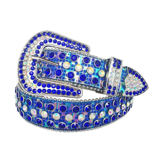 Blue and Chromatic Rhinestones with Blue Strap Rhinestone Belt-Belts-The Rhinestone Belts