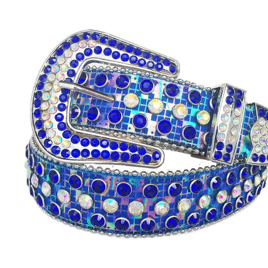 Blue and Chromatic Rhinestones with Blue Strap Rhinestone Belt-Belts-The Rhinestone Belts