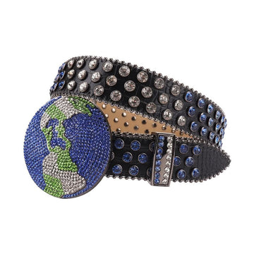 Globe Buckle with Blue and Crystal Studs Rhinestone Belt-Belts-The Rhinestone Belts
