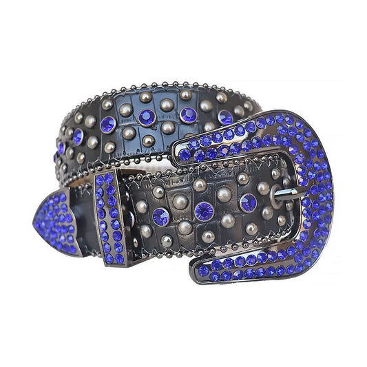 Blue Rhinestones with Silver Studs and Black Textured Strap Rhinestone Belt-Belts-The Rhinestone Belts