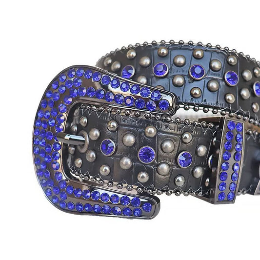 Blue Rhinestones with Silver Studs and Black Textured Strap Rhinestone Belt-Belts-The Rhinestone Belts