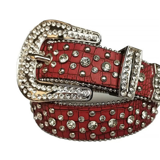 Diamond Rhinestones and Silver Studs with Red Texture Strap Rhinestone Belt-Belts-The Rhinestone Belts