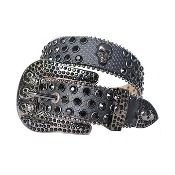 Black Rhinestones with Charcoal Snake Texture Strap and Skull Buckles Rhinestone Belt-Belts-The Rhinestone Belts