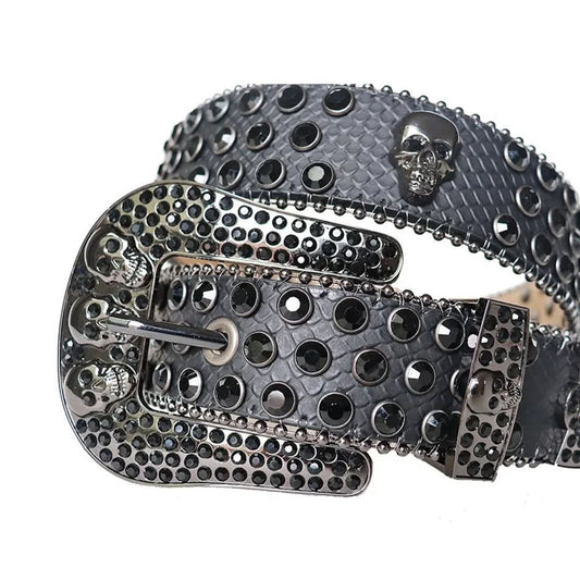Black Rhinestones with Charcoal Snake Texture Strap and Skull Buckles Rhinestone Belt-Belts-The Rhinestone Belts