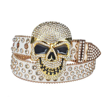 Diamond Rhinestones with White Strap and Skull Buckles Rhinestone Belt-Belts-The Rhinestone Belts