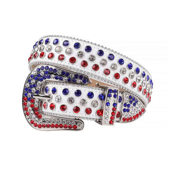 White Strap with Red and Blue Studs Rhinestone Belt-Belts-The Rhinestone Belts