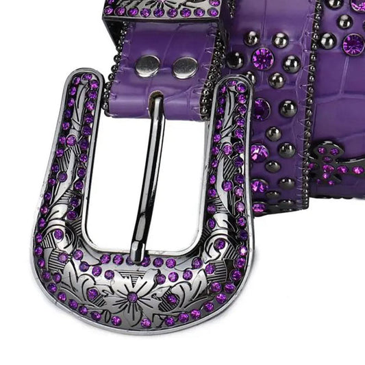 Purple Rhinestones and Silver Studs with Purple Textured Strap Rhinestone Belt-Belts-The Rhinestone Belts