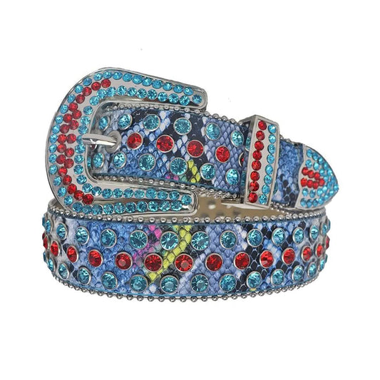 Red and Blue Rhinestones with Snake Texture Strap Rhinestone Belt-Belts-The Rhinestone Belts