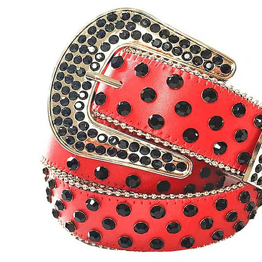 Black Rhinestones with Red Strap Rhinestone Belt-Belts-The Rhinestone Belts
