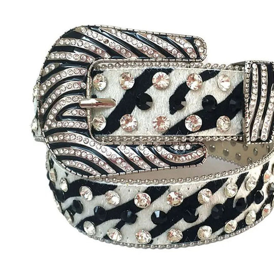 Diamond and Black Rhinestones with ZebTRB Strap Cowgirl Rhinestone Belt-Belts-The Rhinestone Belts