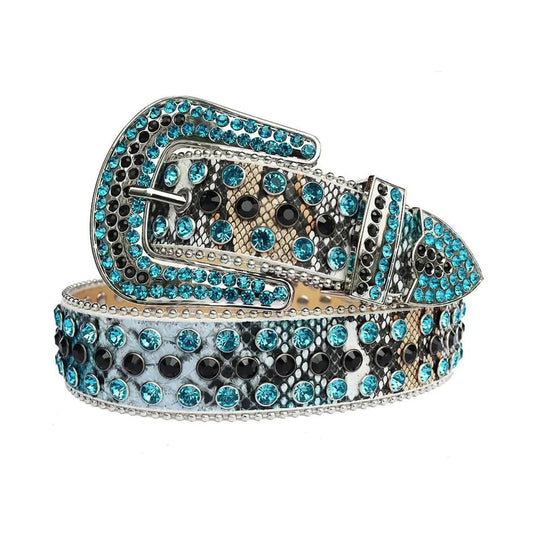 Aqua and Black Rhinestones with Snake Texture Strap Cowgirl Rhinestone Belt-Belts-The Rhinestone Belts