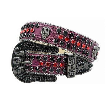 Skull Buckle Purple Strap with Black and Red Studs Rhinestone Belt-Belts-The Rhinestone Belts