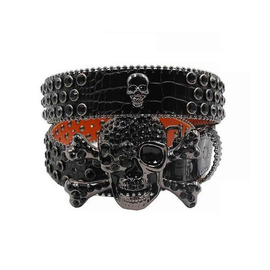 Metal Skull Buckle Black Strap with Black Studs Rhinestone Belt-Belts-The Rhinestone Belts