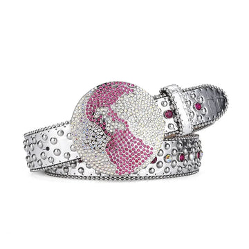 Globe Buckle with Silver and Pink Studs Rhinestone Belt-Belts-The Rhinestone Belts