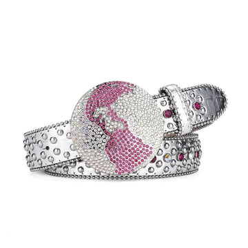 Globe Buckle with Silver and Pink Studs Rhinestone Belt-Belts-The Rhinestone Belts