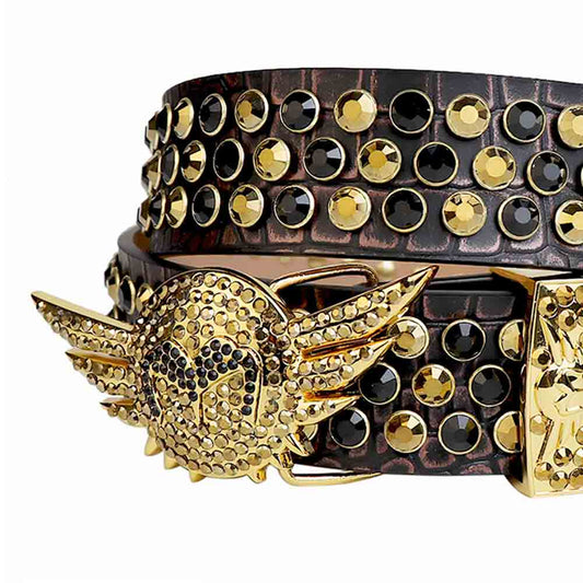 Black and Golden Angel Wings Buckle with Black Strap Rhinestone Belt-Belts-The Rhinestone Belts