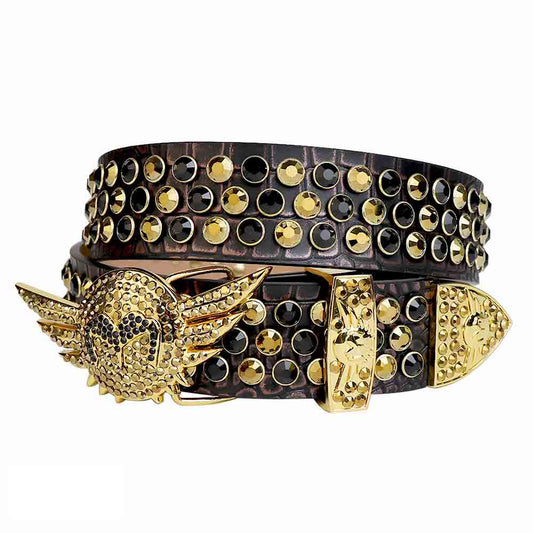 Black and Golden Angel Wings Buckle with Black Strap Rhinestone Belt-Belts-The Rhinestone Belts