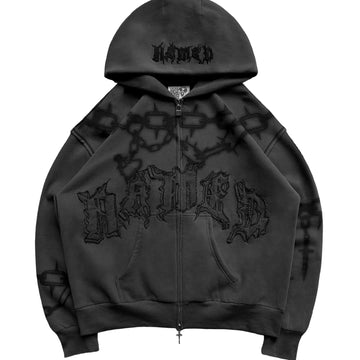 Chains Zip Rhinestone Hoodie Cast Iron
