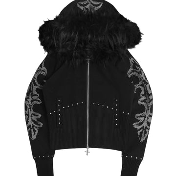 Feral Faux Fur Zip Rhinestone Hoodie – Black Bling Streetwear