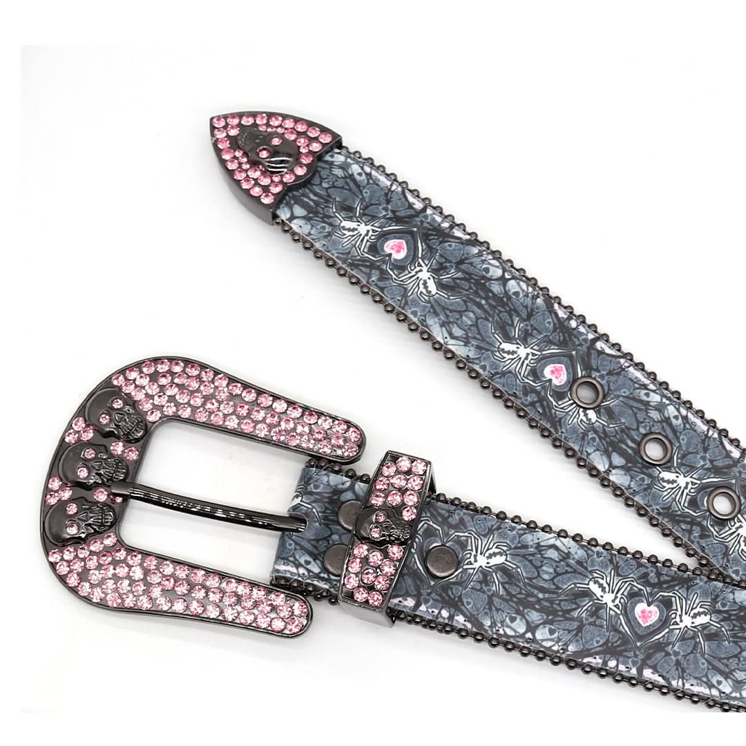 Skull Buckle Spider Strap with Pink Studded Design Rhinestone Belt-Belts-The Rhinestone Belts