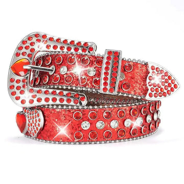 Red Rhinestone Belt with Heart Buckle & Red Glitter Strap. Unisex Western glam – secure stones, premium build, bold sparkle for rodeos & concerts.