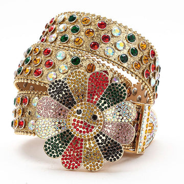 Flower Buckle Gold Strap with Multicolor Stones Rhinestone Belt-Belts-The Rhinestone Belts